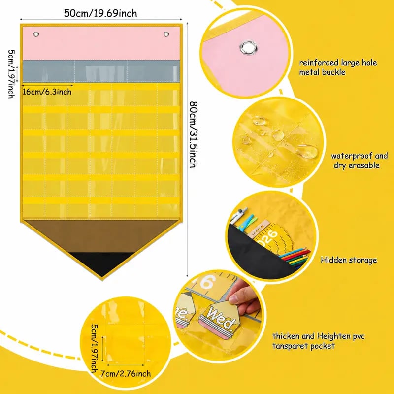 Durable materials and clear pockets on pencil classroom calendar chart