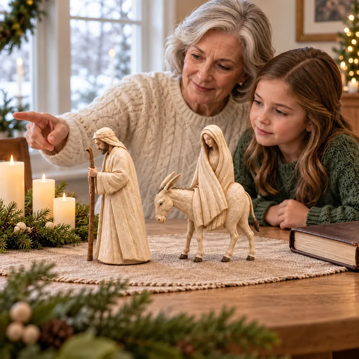 Family sharing the Journey to Bethlehem nativity figurines