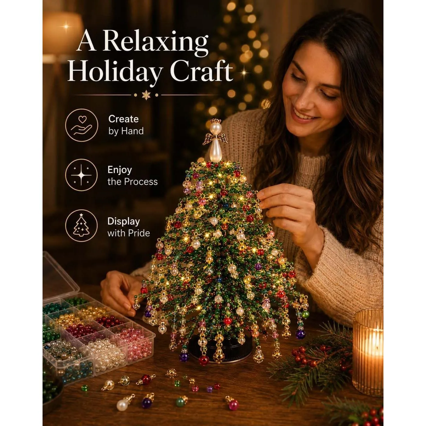 Relaxing hands-on beaded holiday tree craft