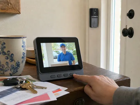 Indoor door monitor showing a delivery visitor in a home entryway
