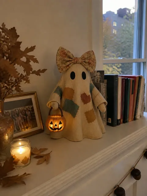 Single-pumpkin patchwork ghost displayed on an apartment mantel