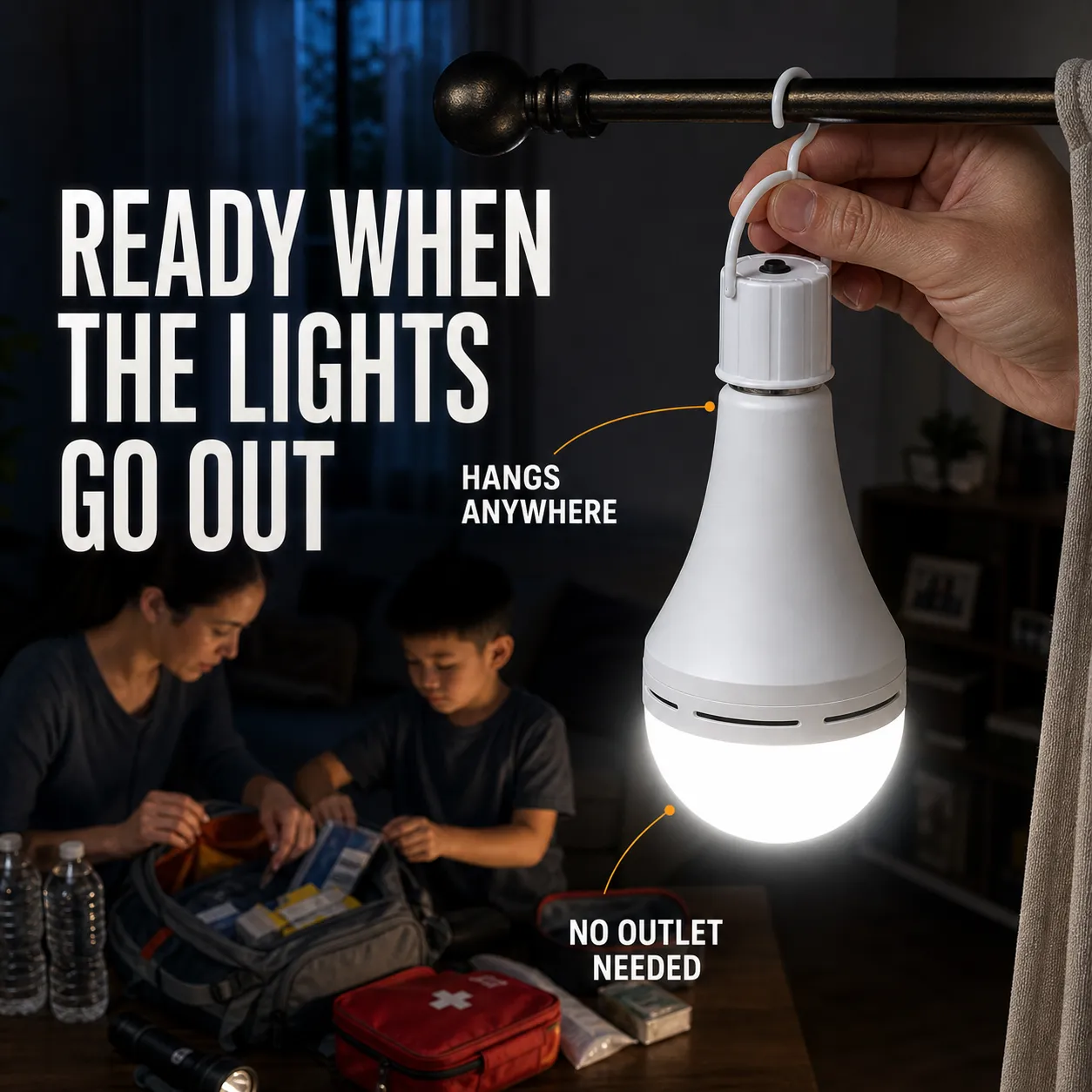 Emergency bulb hanging in a dark living room during an outage
