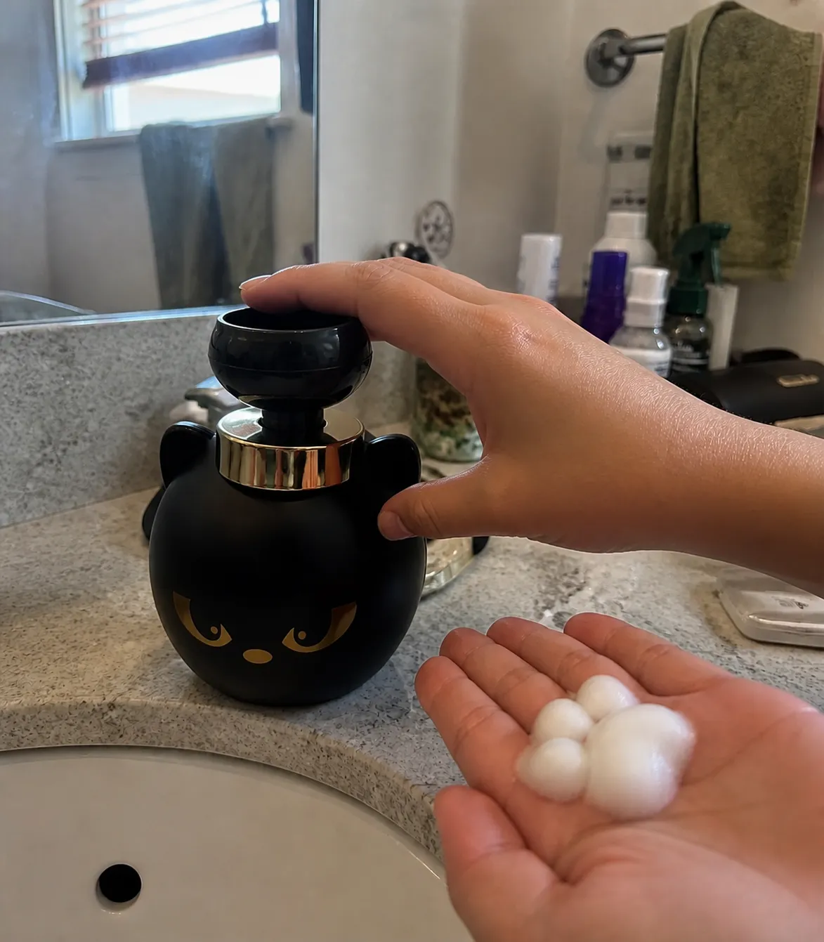 Cat paw dispenser in an apartment bathroom
