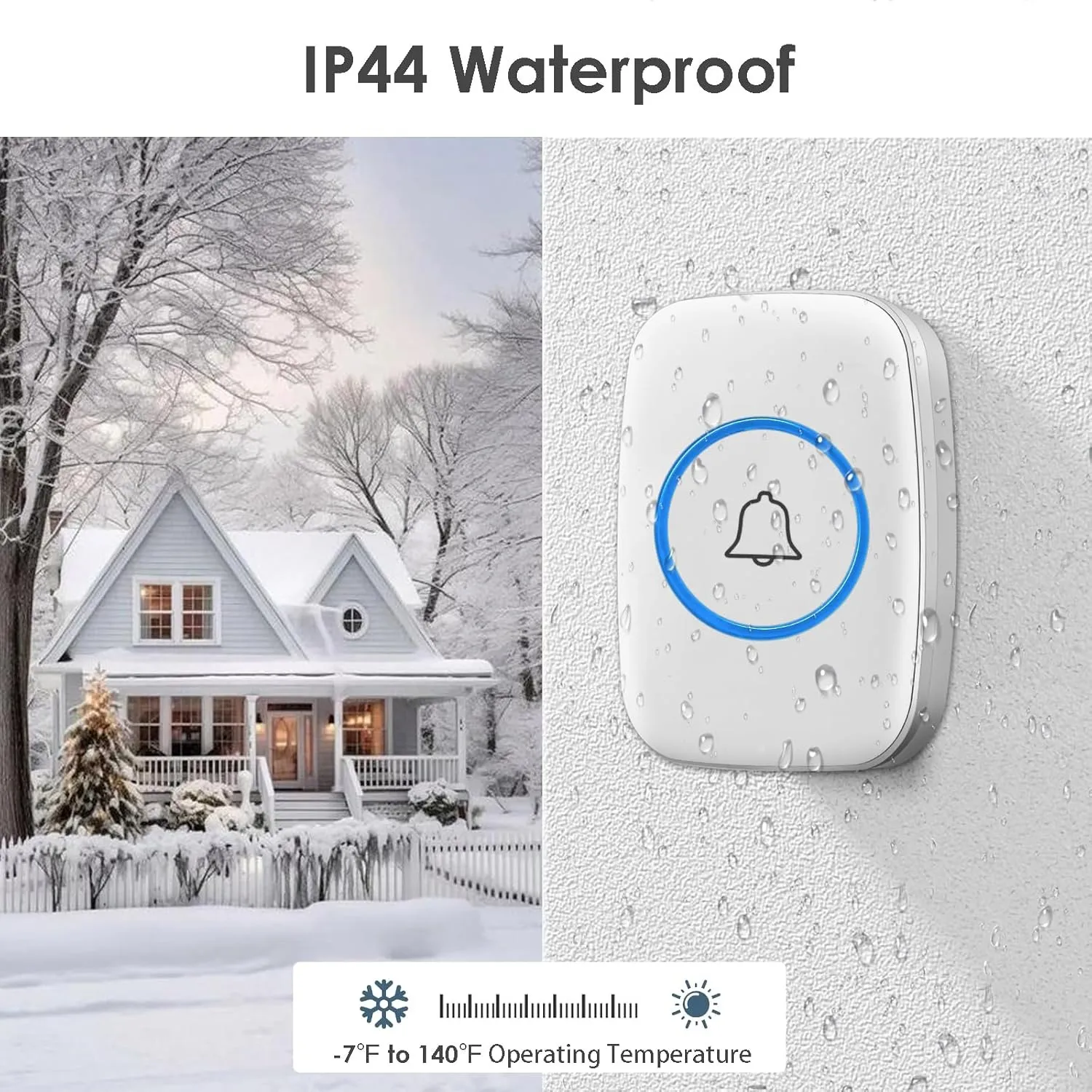 Wireless doorbell button shown in everyday outdoor weather
