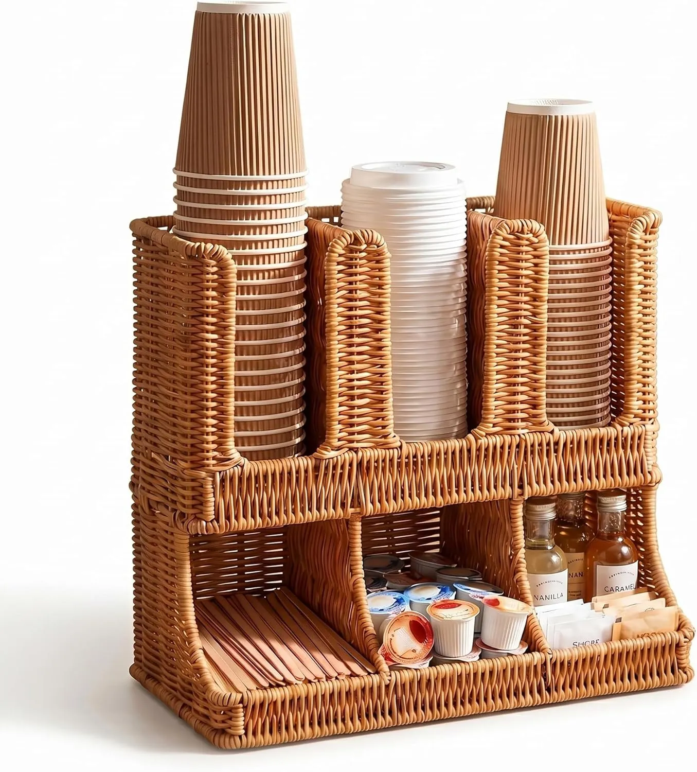 Close view of the organizer's upper cup channels and lower open bins