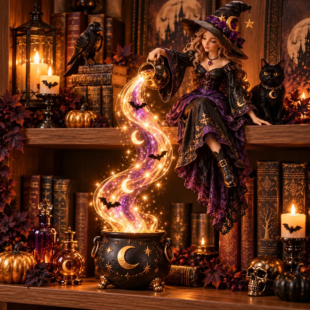 Witch pouring an illuminated cascade into a crescent-moon cauldron