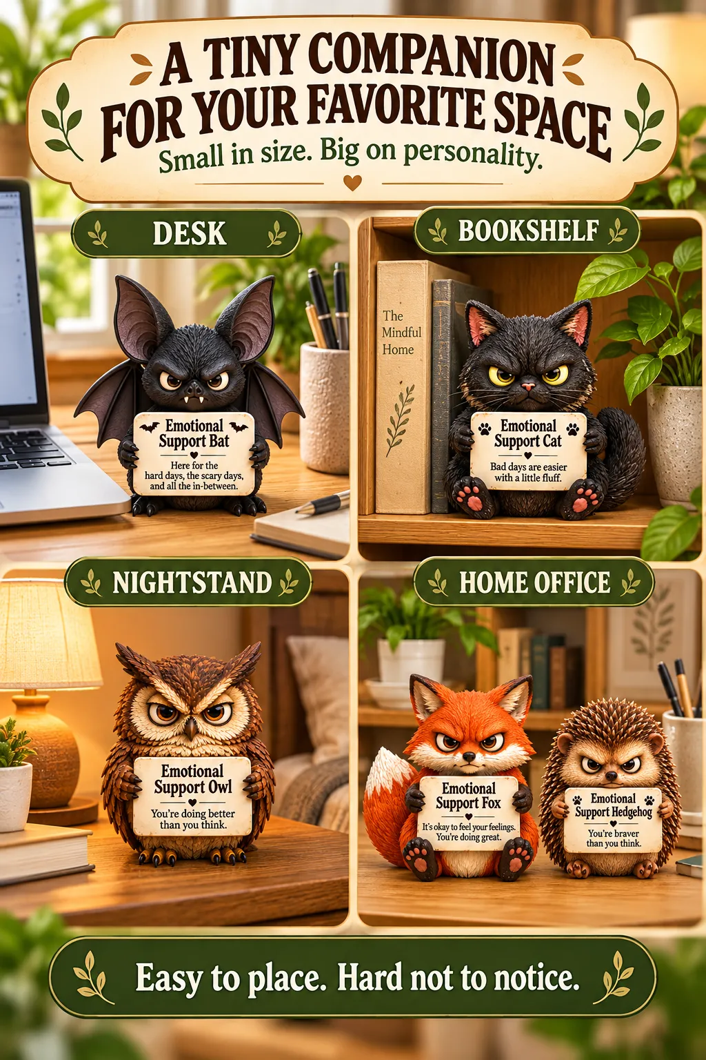 Product display ideas for a desk, bookshelf, nightstand, and home office