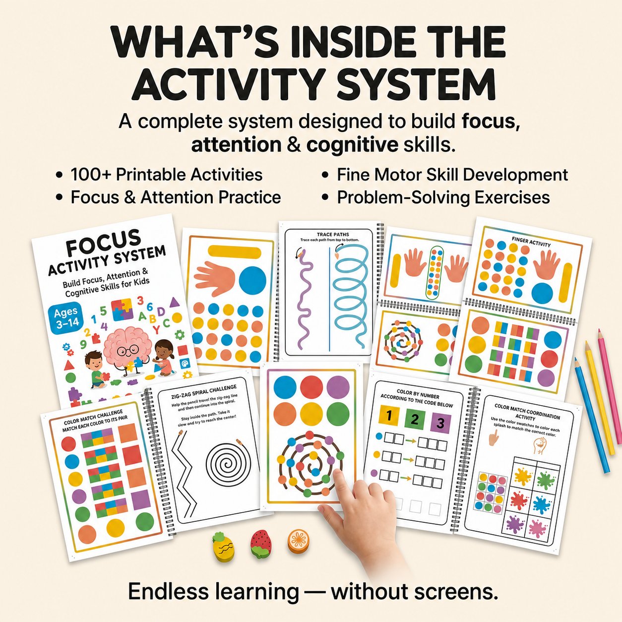 A collection of printable tracing, matching, pattern, and fine-motor activities