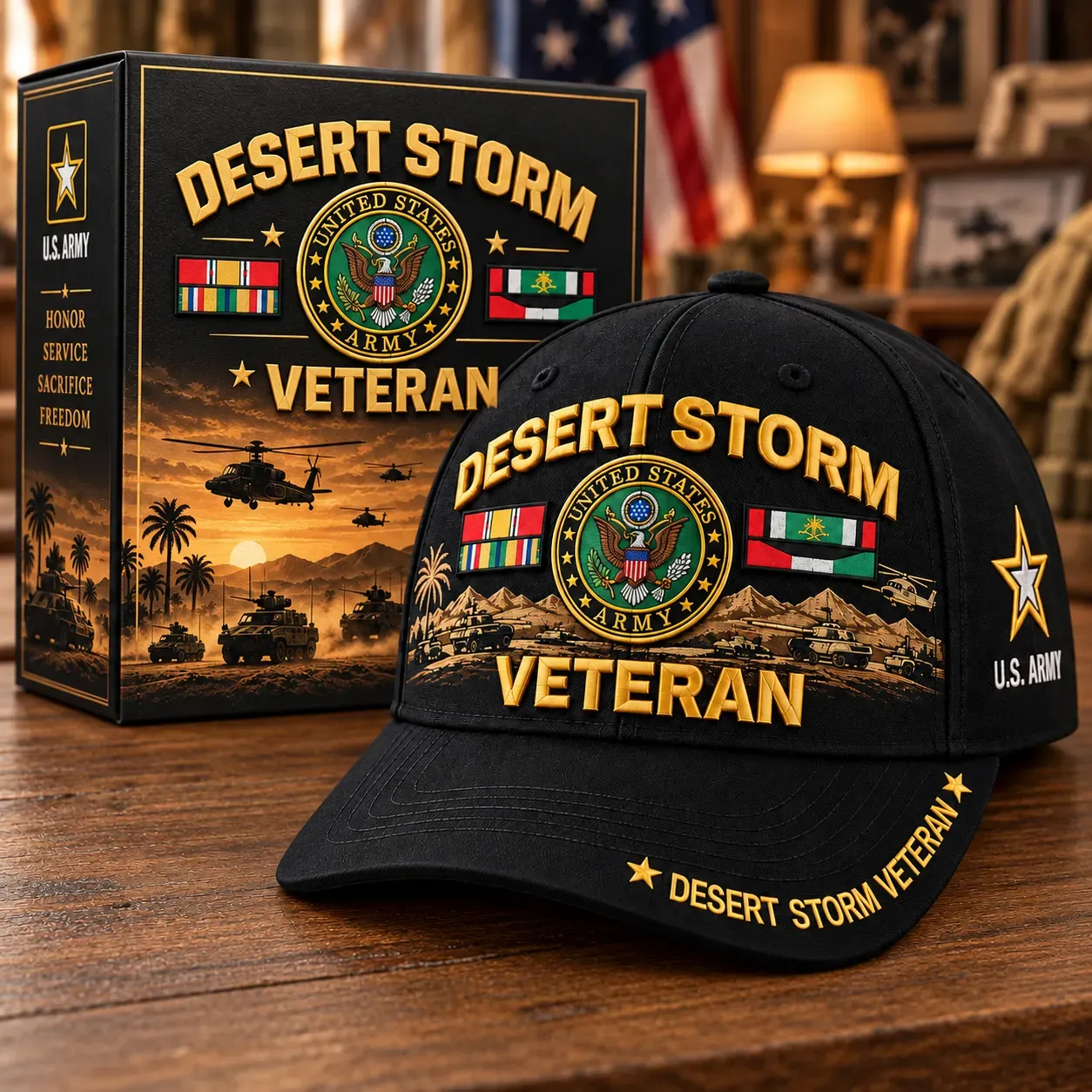U.S. Army Desert Storm Veteran cap design shown with display packaging