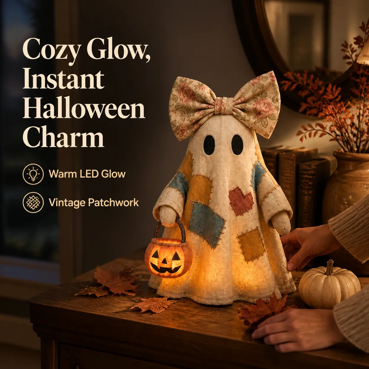Single-pumpkin floral-bow patchwork ghost in a cozy sewing room