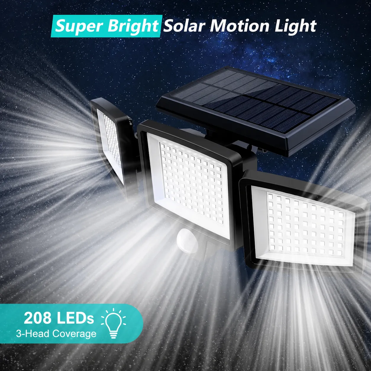 208 LED three-head solar motion light with wide coverage