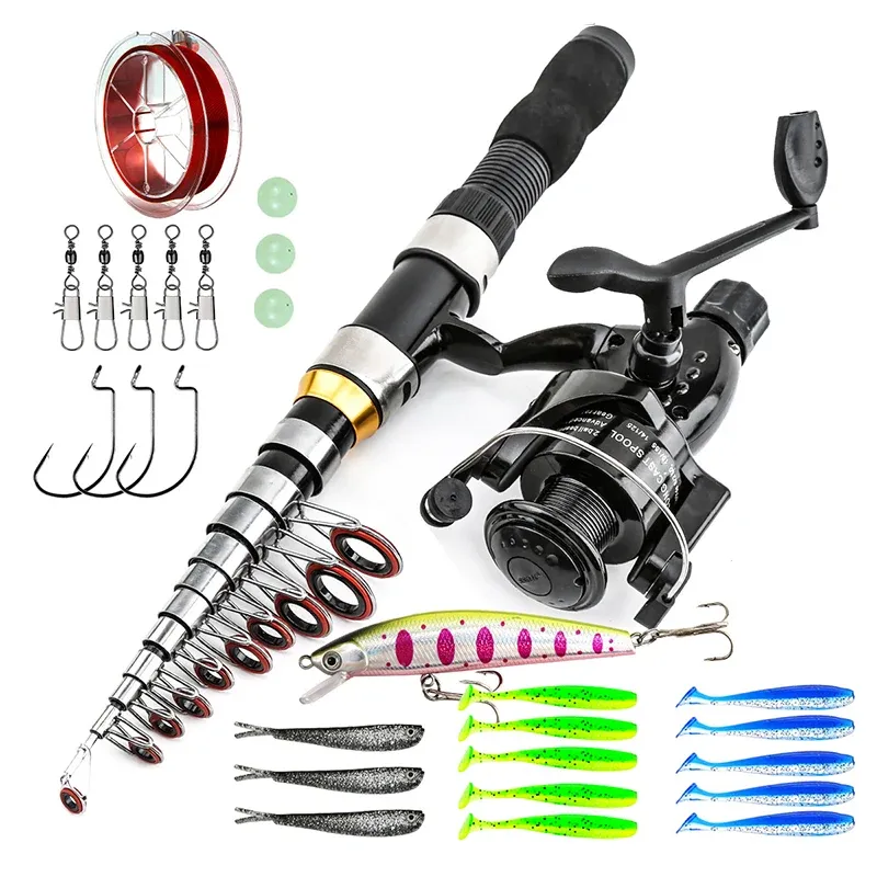 Portable telescopic fishing rod and reel kit with accessories