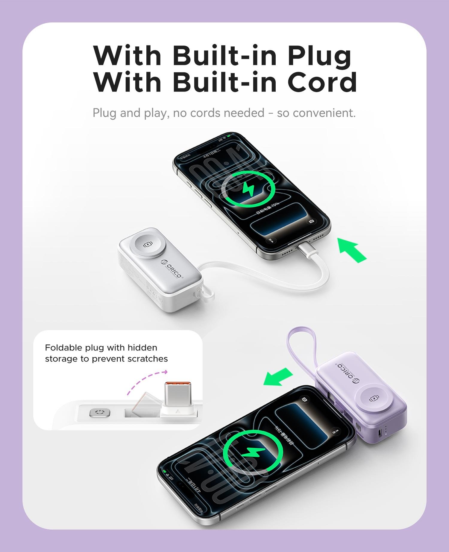 Orico 3-in-1 Portable Power Bank with Integrated Cable, Watch Wireless Charging, and Foldable Wall Plug – Compact Fast-Charge Battery for iPhone & Android - S18