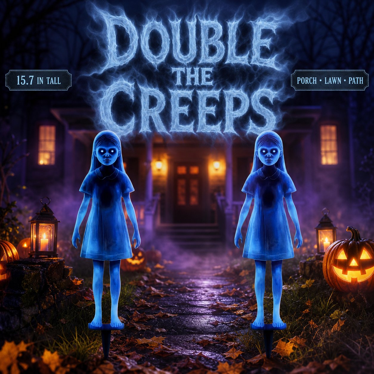 Two ghost-girl stakes beside a foggy Halloween walkway