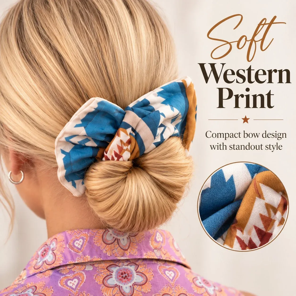 Close view of the compact Southwest bow and its blue, cream and brown geometric print