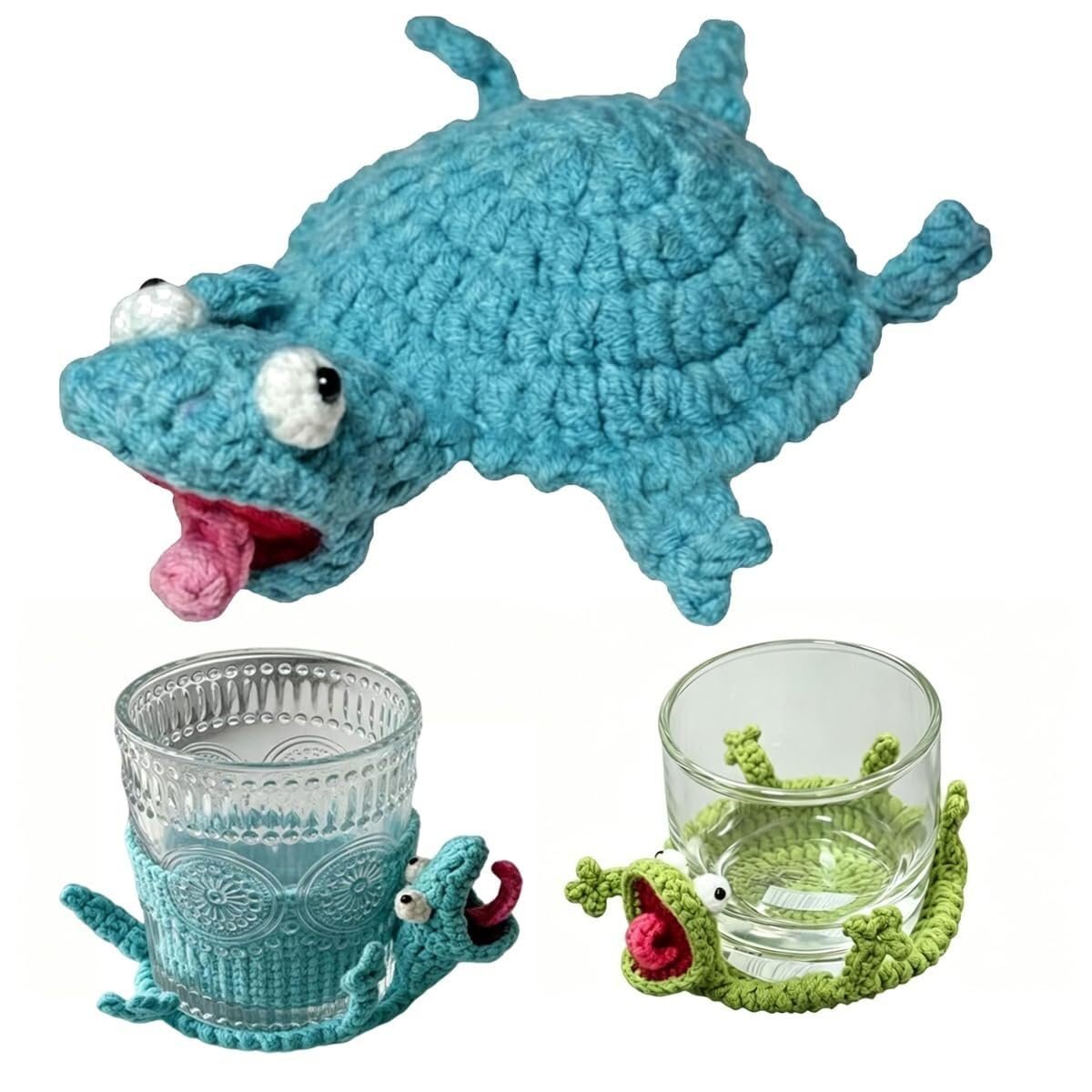 Whimsical handmade 3D crochet lizard coasters in vibrant green and teal variants