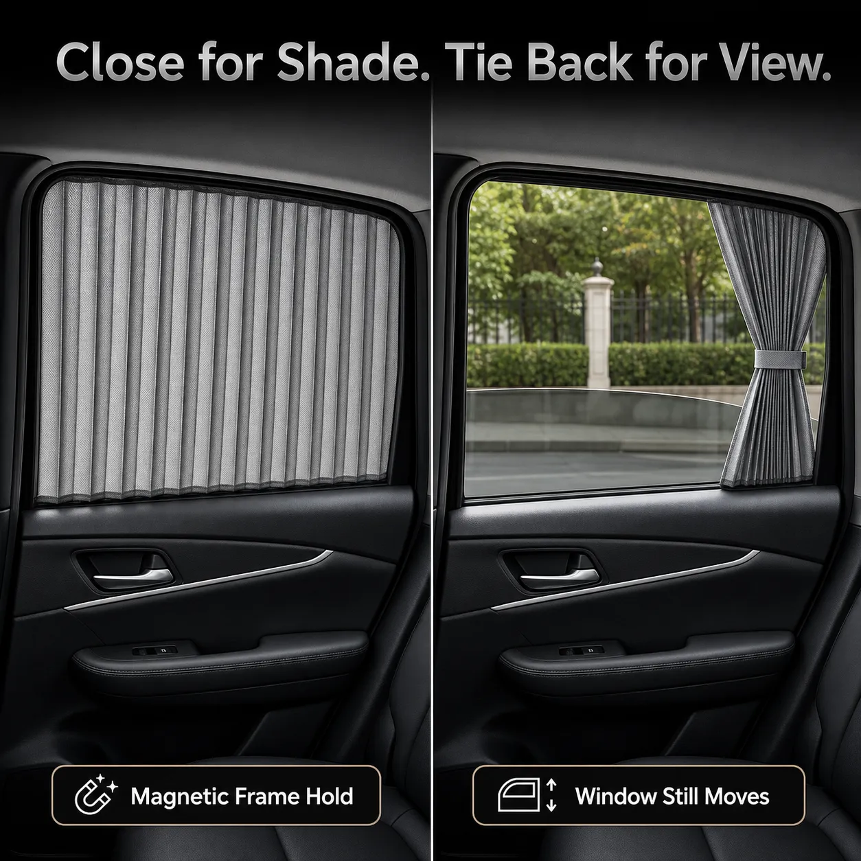 Car curtain extended and tied back while the window glass moves