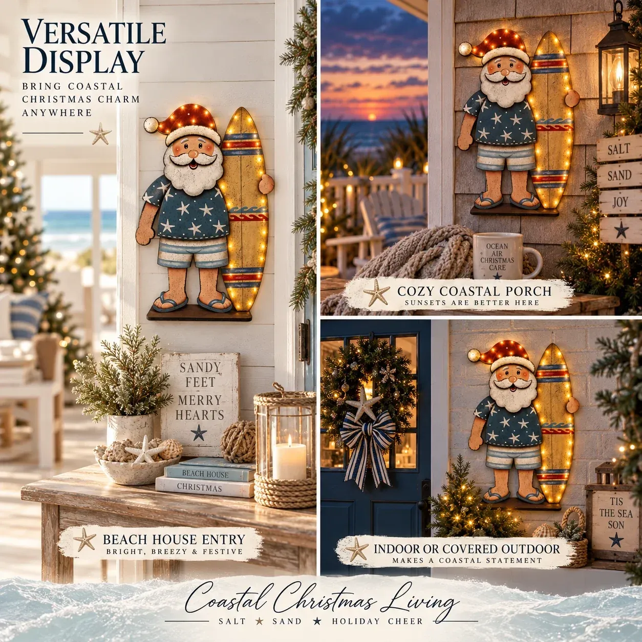 Different ways to display Seaside Santa coastal Christmas wall decor