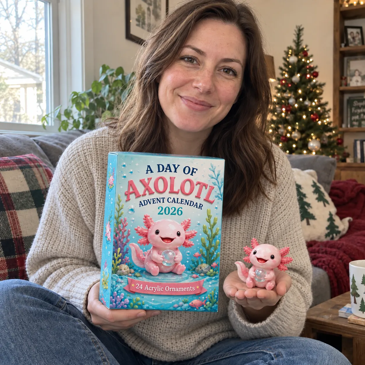 AI-generated scene of a woman holding the turquoise axolotl calendar box and a pink axolotl character