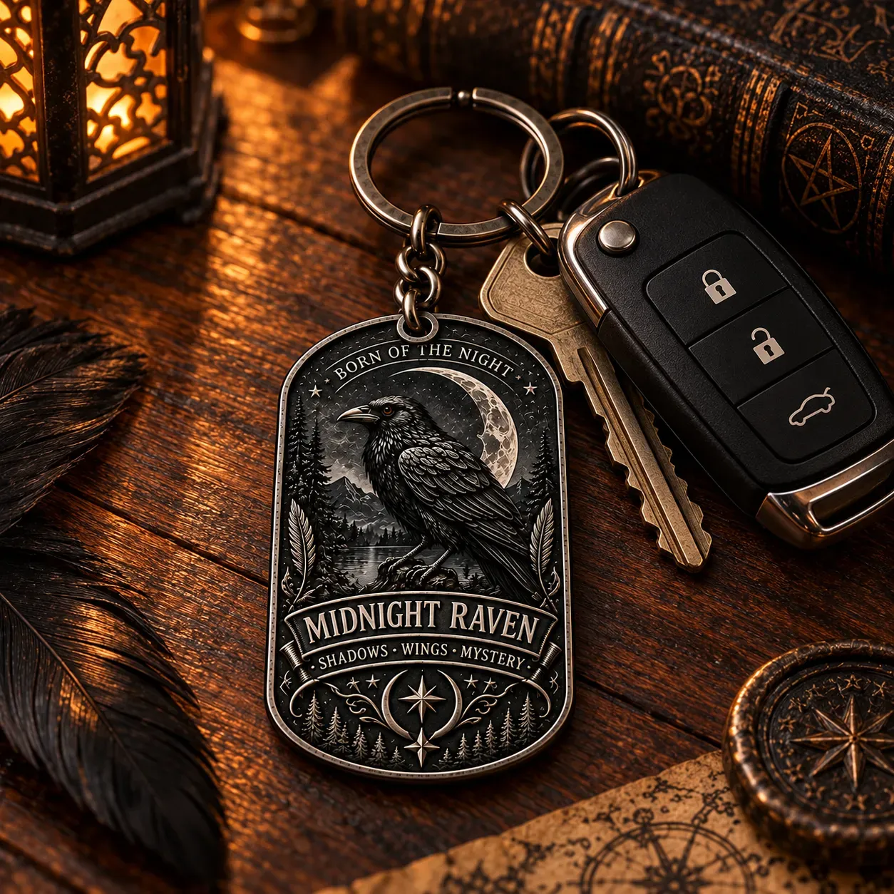 Dark raven artwork with crescent moon and forest details