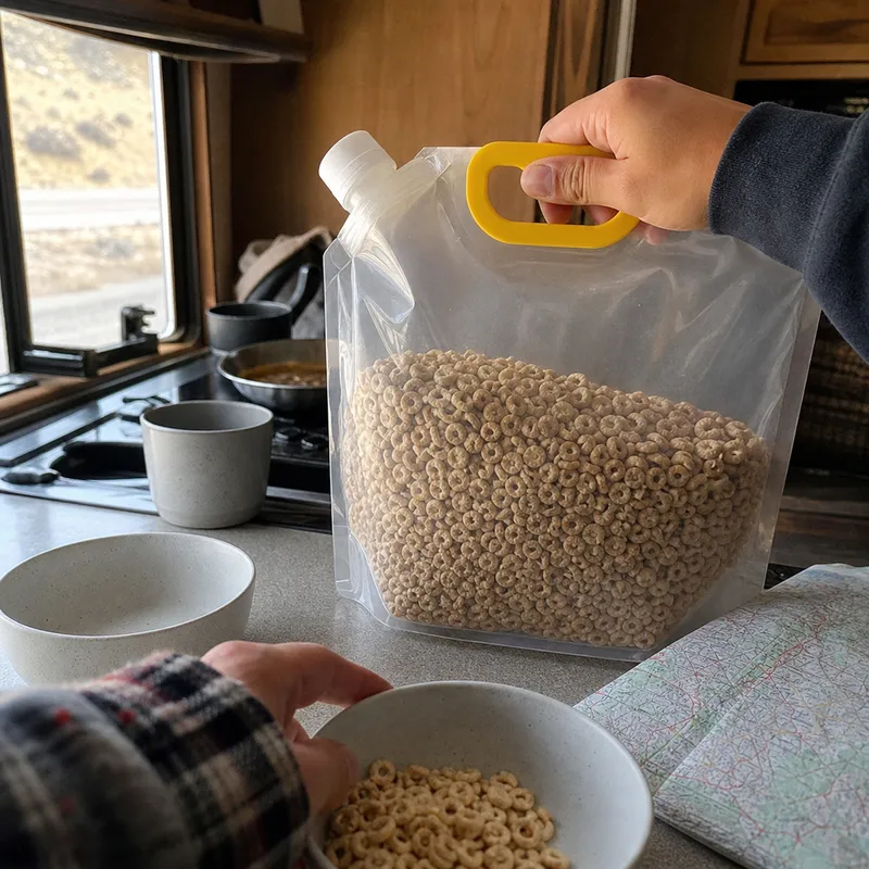 Cereal storage pouch in an RV kitchenette