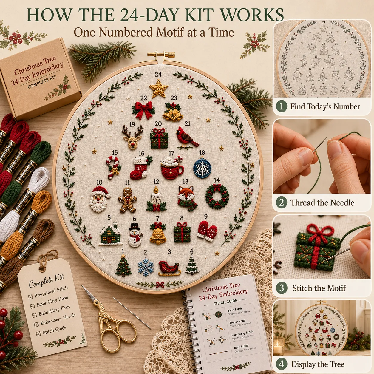Four simple steps for using the Christmas Tree 24-Day Embroidery Kit