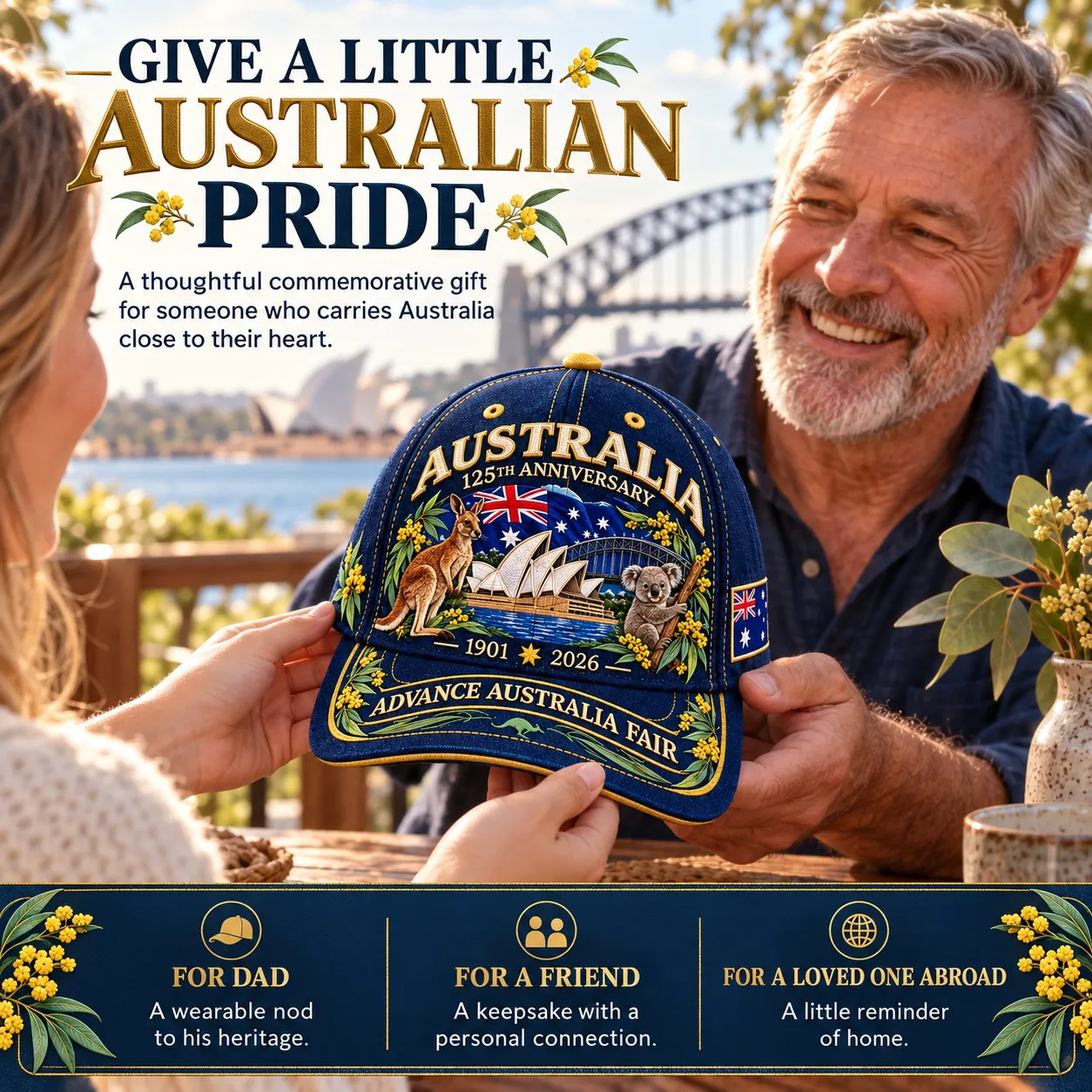 A commemorative navy cap being given as a thoughtful gift to a father
