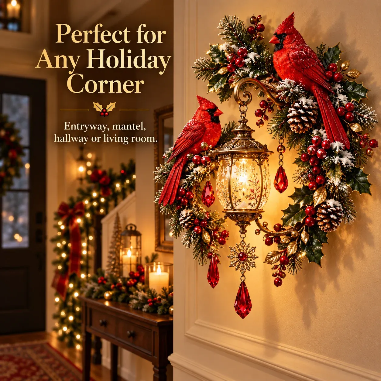 Cardinal Christmas Lantern In Holiday Corner