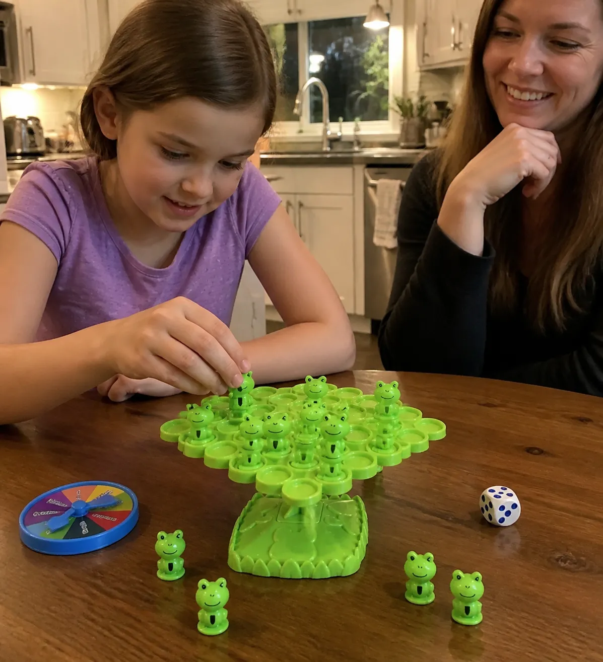 Family playing the frog balance game at a kitchen table