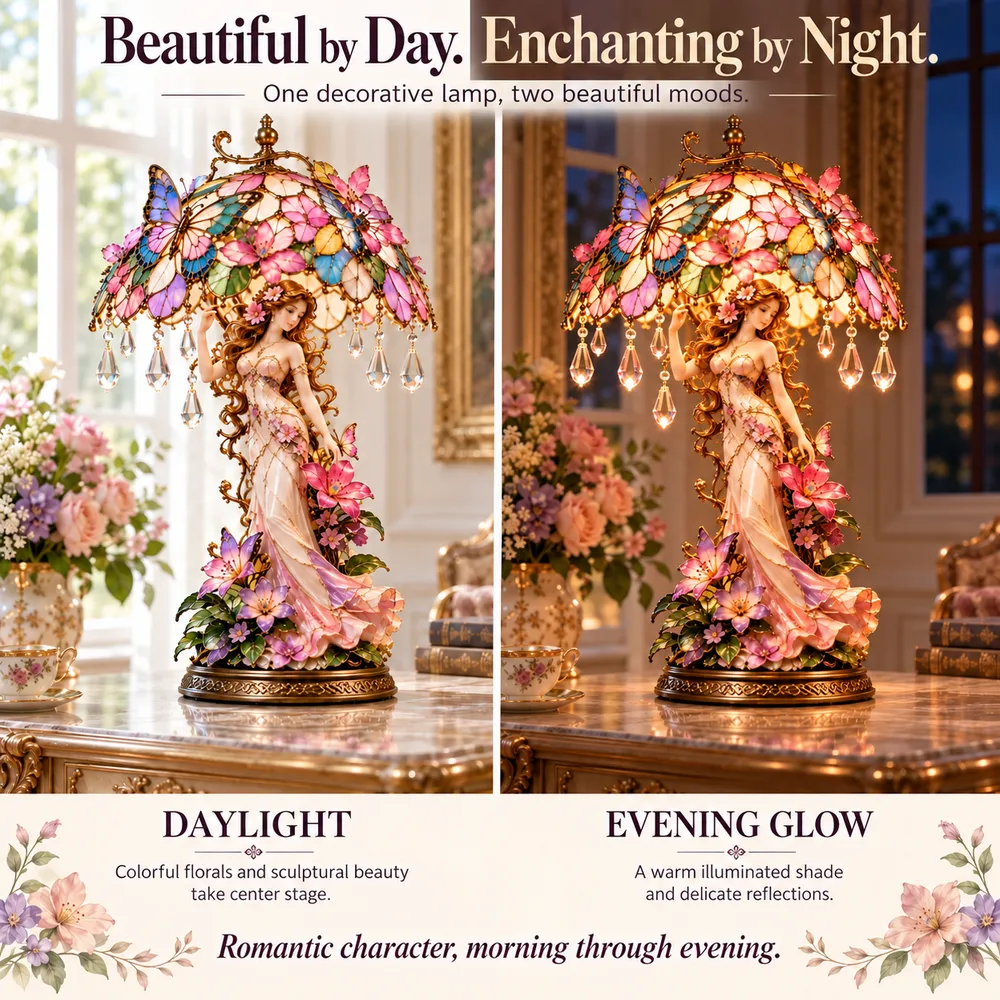 Day and night comparison graphic showing colorful daytime decor and the lamp