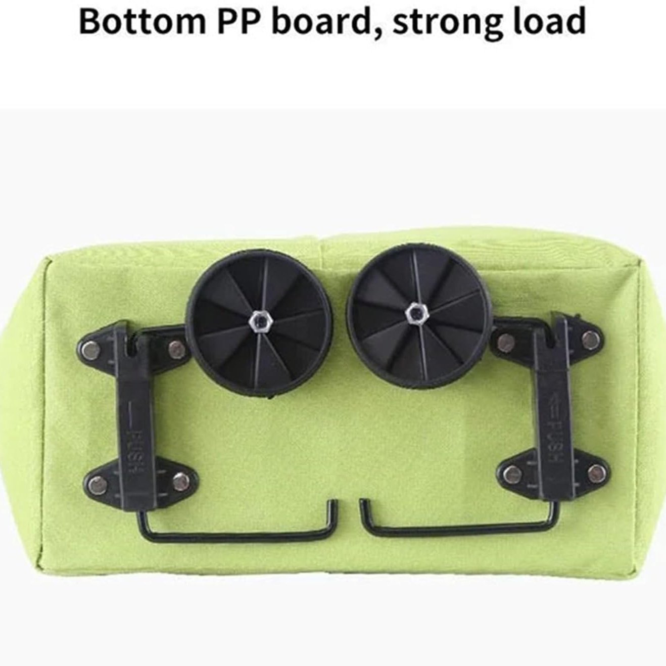 Underside view of two wheels and folding support legs