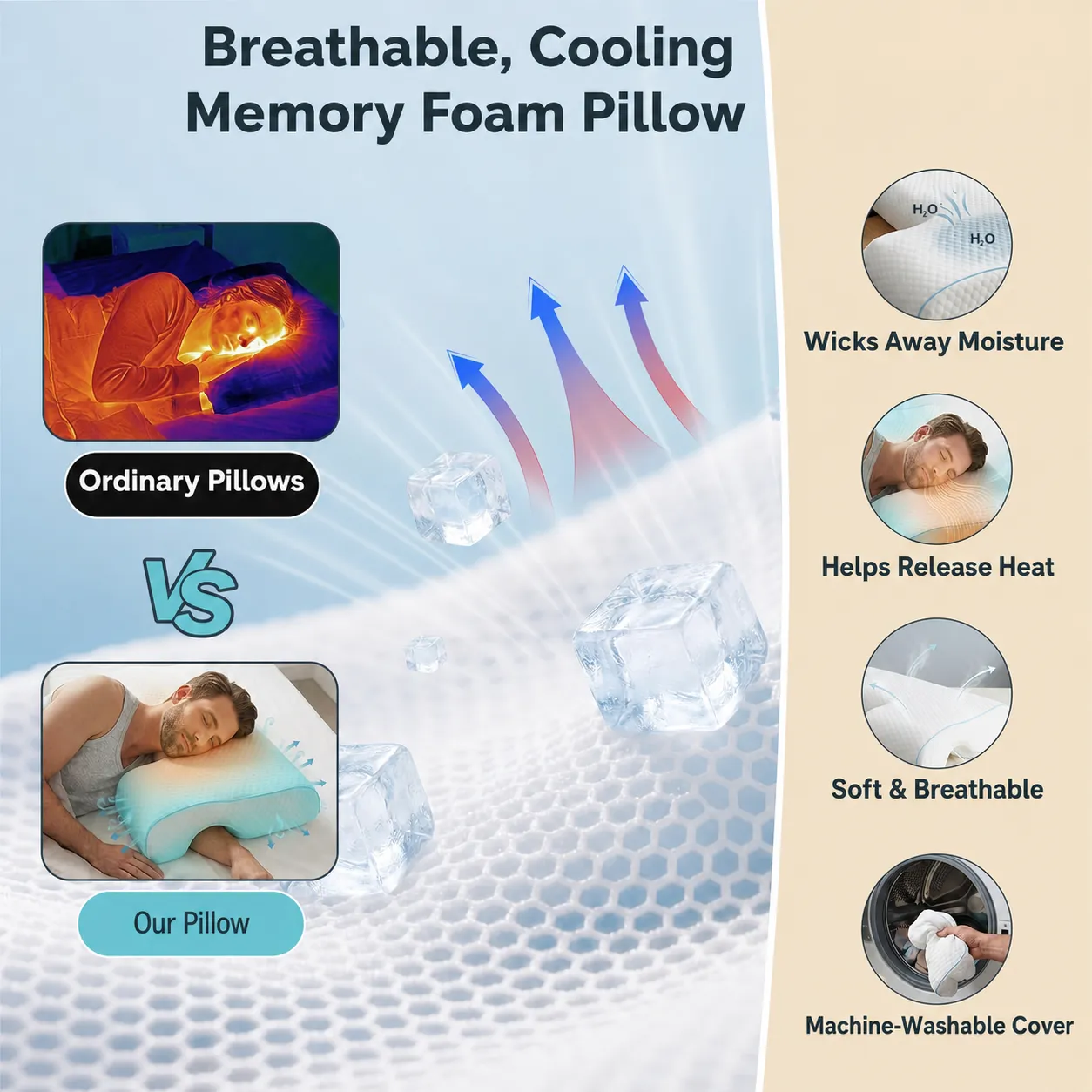 Breathable memory foam pillow cover and comfort features