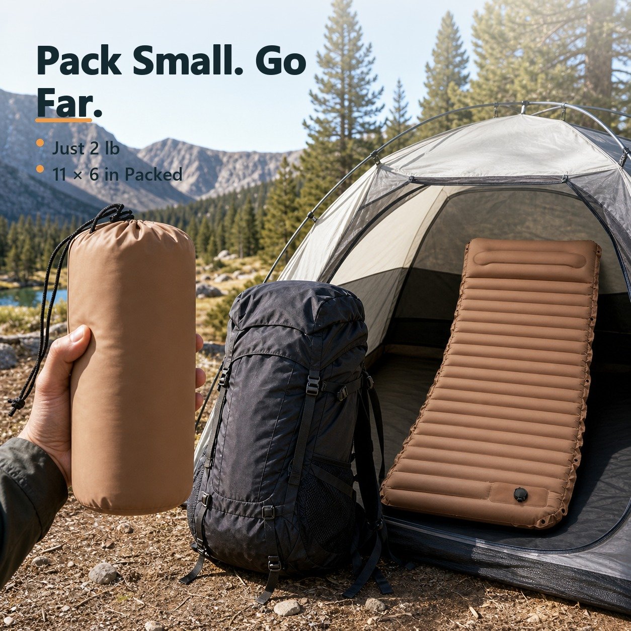 Compact camping mattress carry bag beside a hiking backpack