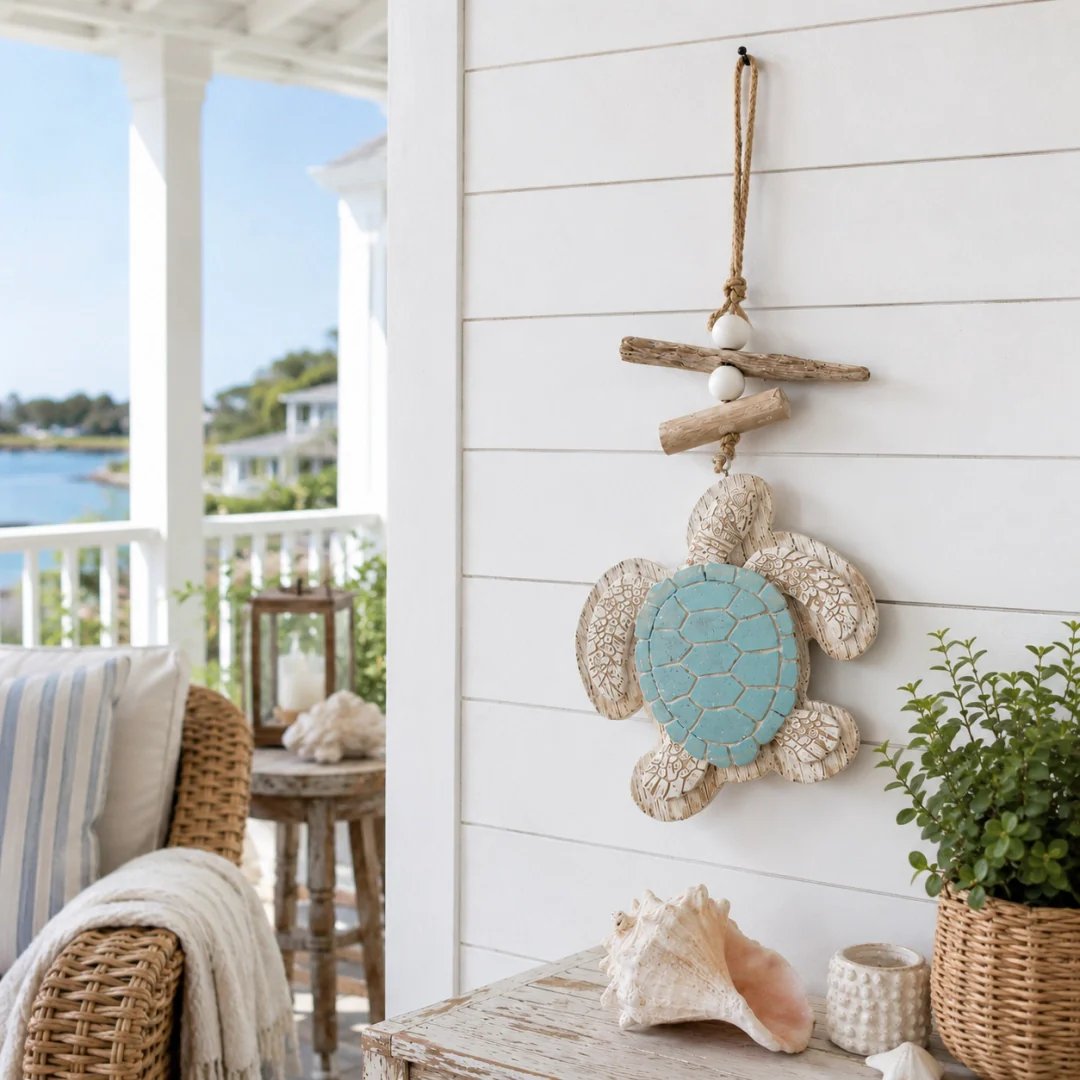 Sea turtle decor hung on cottage porch wall