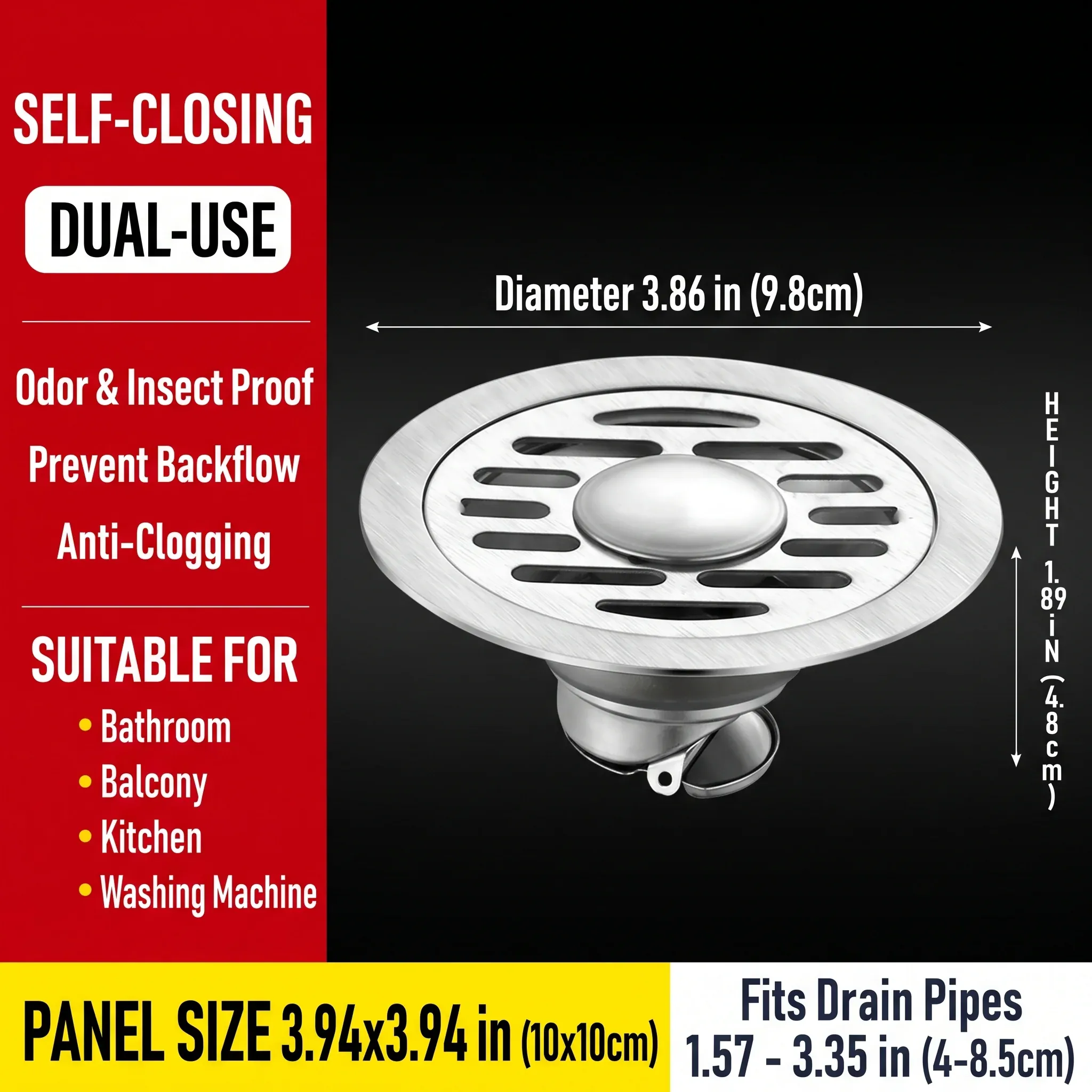 Source size diagram for the 3.94″ × 3.94″ floor drain, including body height and compatible drain-opening range