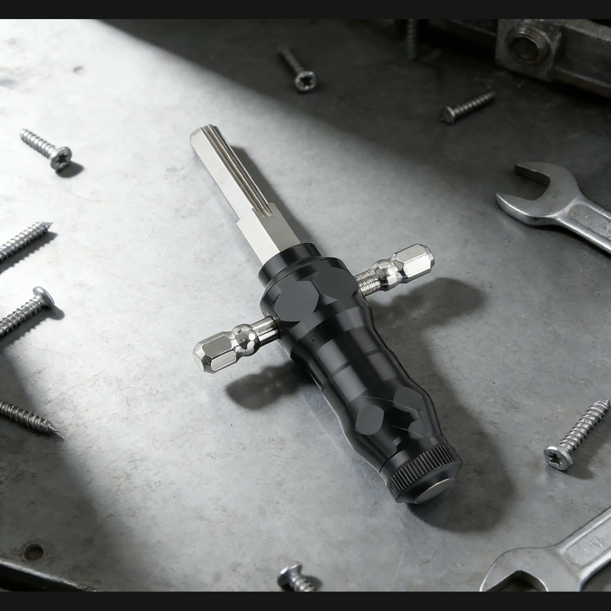 Detailed view of the compact precision handle and stainless-steel blades