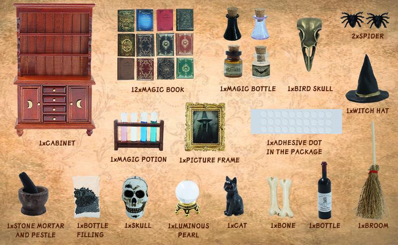 Dollhouse Miniatures 1/12 Scale Accessories, Wooden Bookshelf Furniture Set - Magic Bottle&Potion, Witch Frame and Hat, Mini Bookcase, Haunted Dollhouse Halloween Decorations for Kids Gifts Playset