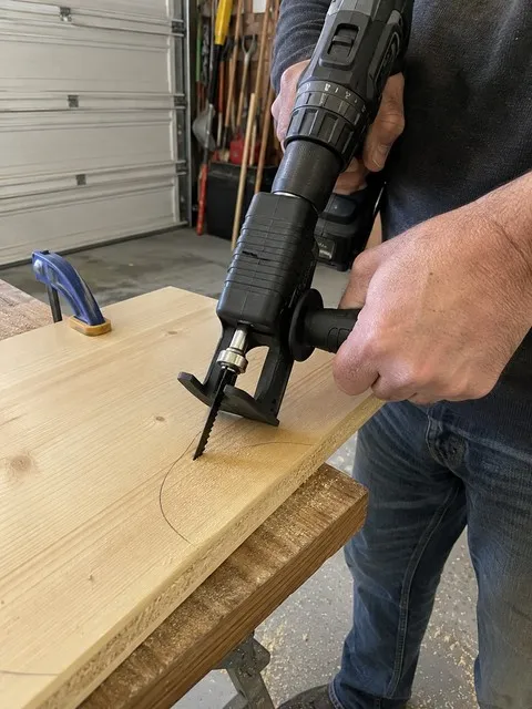 Drill-powered jigsaw adapter following a curved pencil line on a pine shelf in a home garage