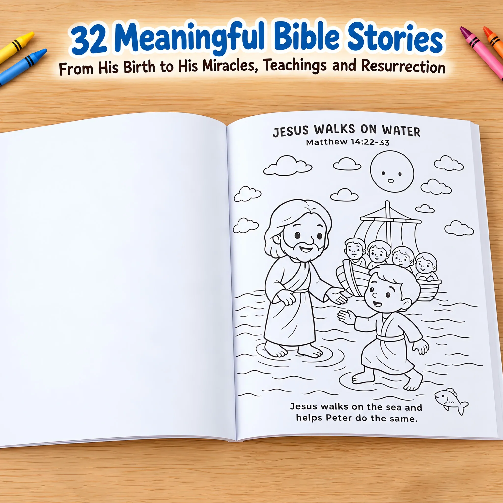 Interior Bible story illustration: Jesus walks on water