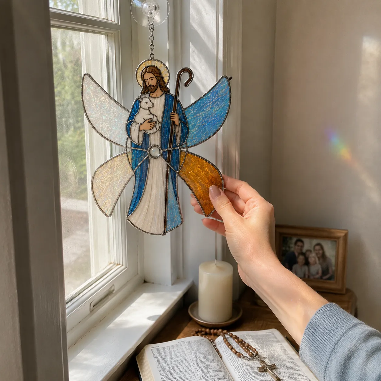 Customer adjusting the Good Shepherd ornament at a sunny window