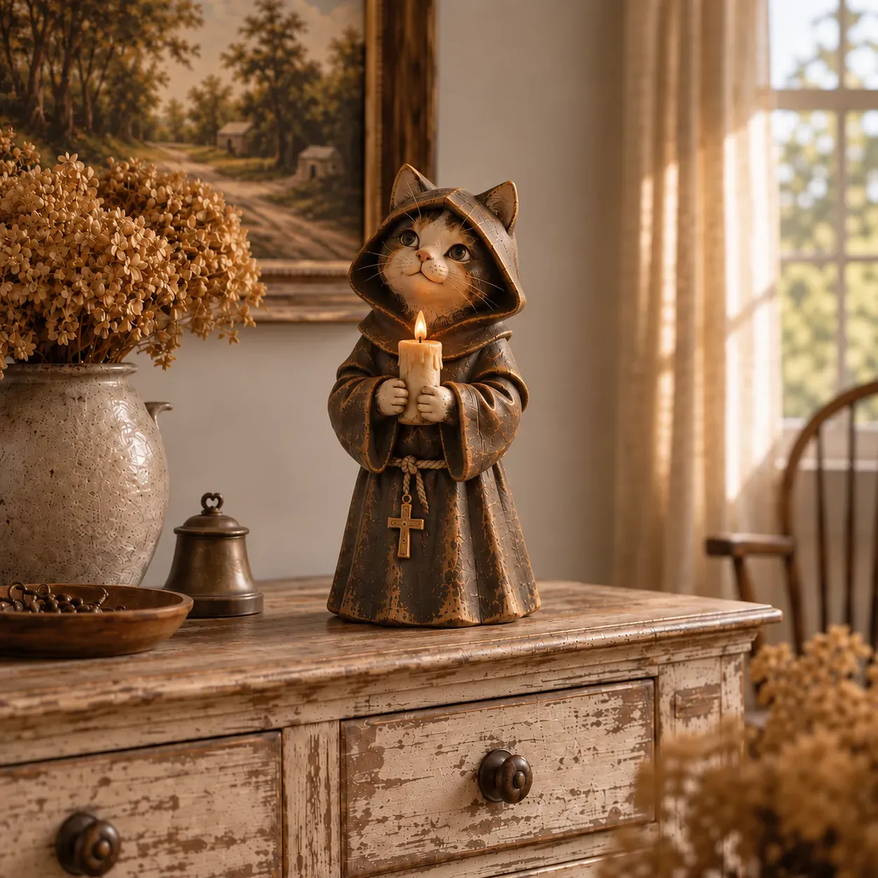 Hooded Monk medieval cat figurine with vintage-inspired finish