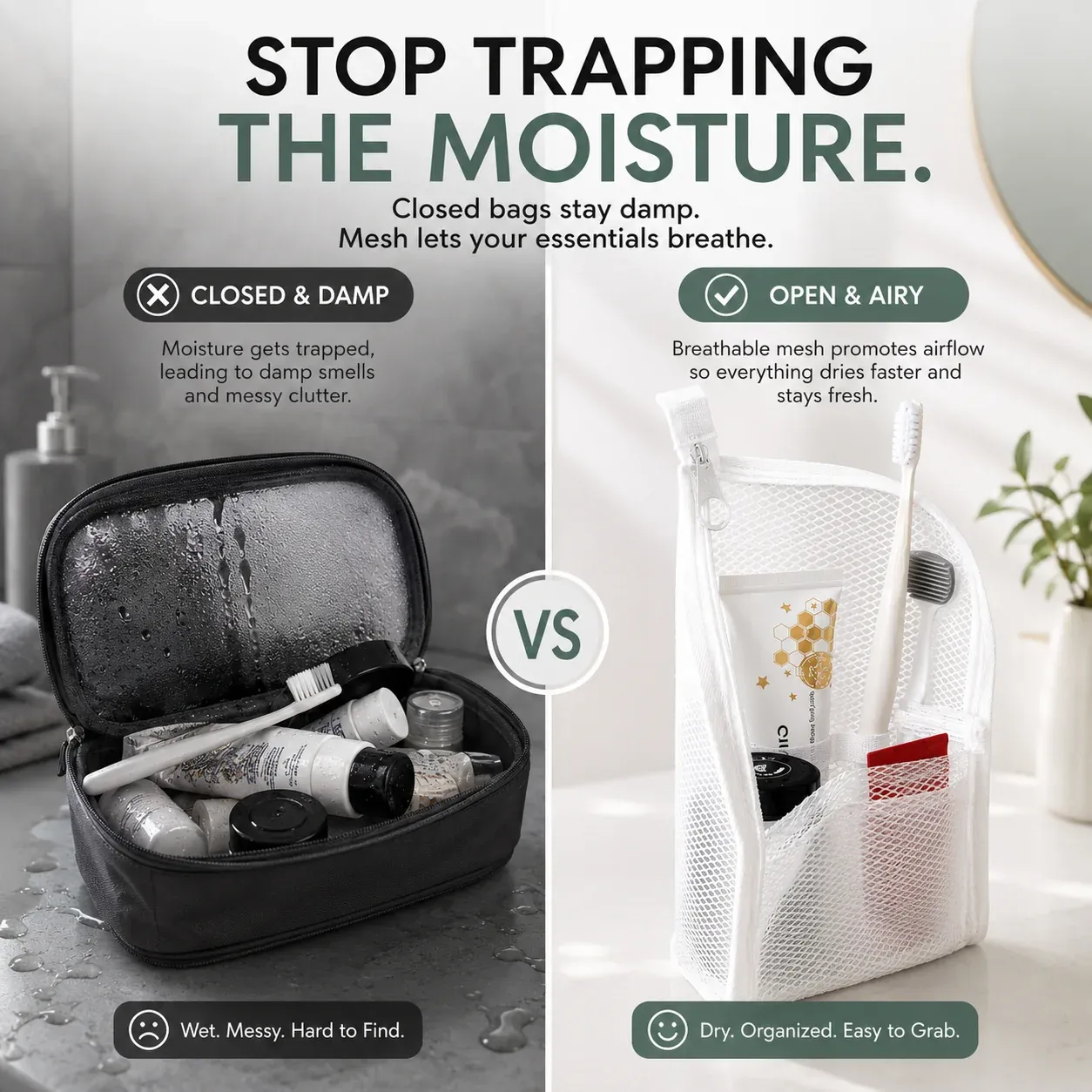Breathable mesh toiletry bag compared with traditional closed toiletry bag