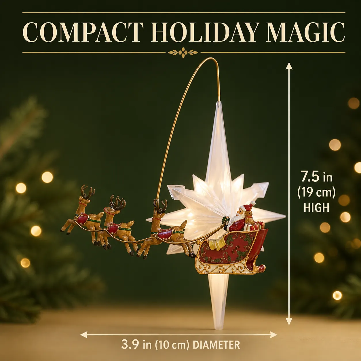 Santa sleigh tree topper dimensions: 3.9 inches diameter and 7.5 inches high
