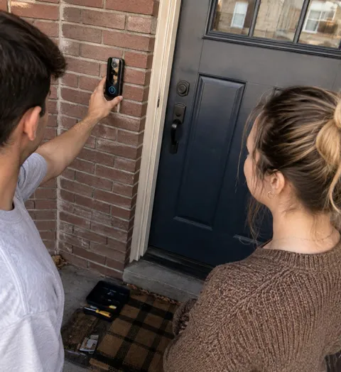 Couple positioning a compact doorbell camera by a townhouse entry