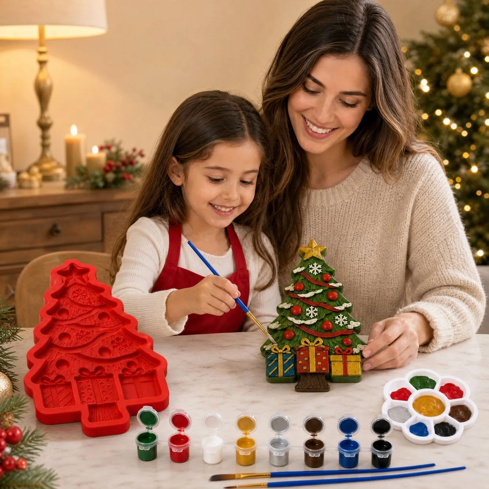 Parent and child painting a Christmas tree craft made from the mold