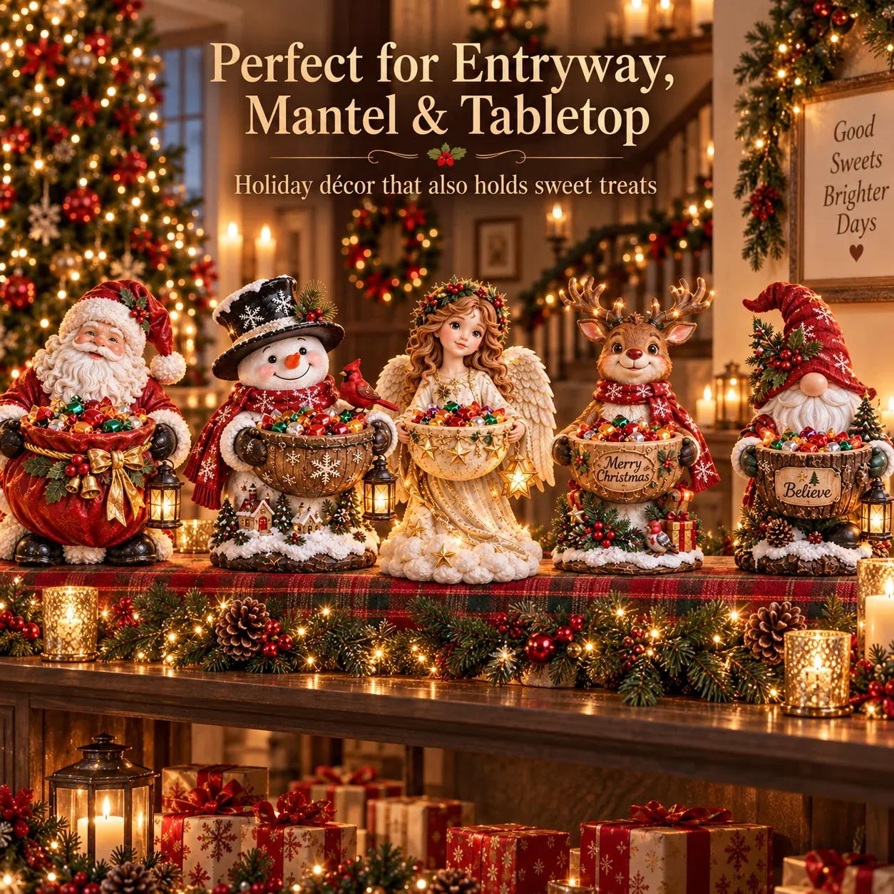 Christmas candy bowl collection displayed on a holiday entryway table