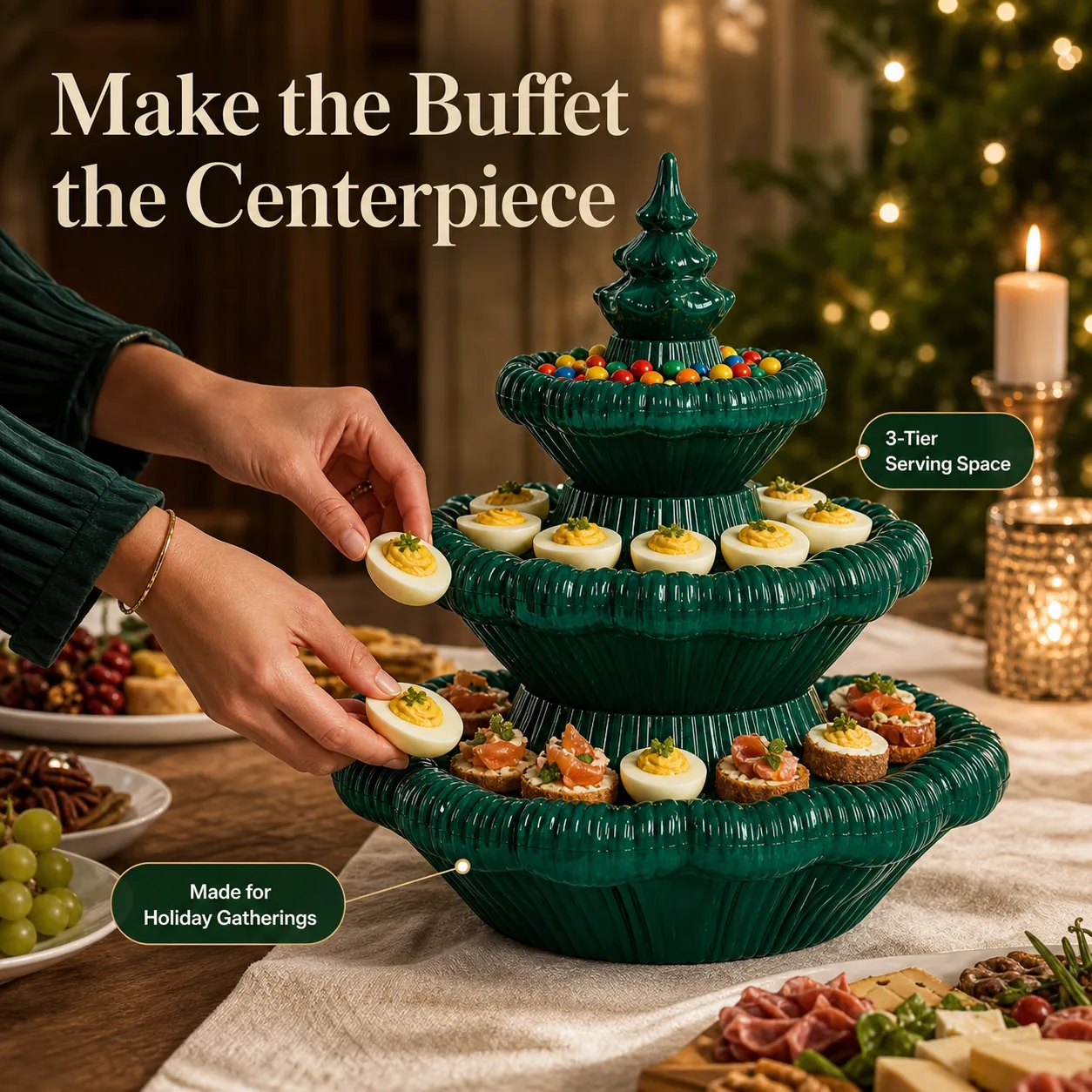 Host filling the three-tier Christmas tree serving platter