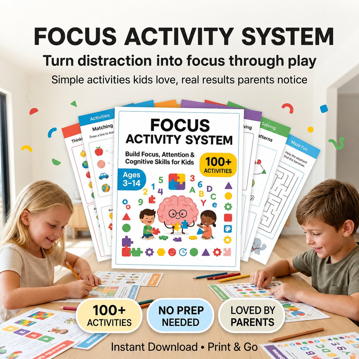 A digital print-at-home focus activity system with colorful loose worksheets
