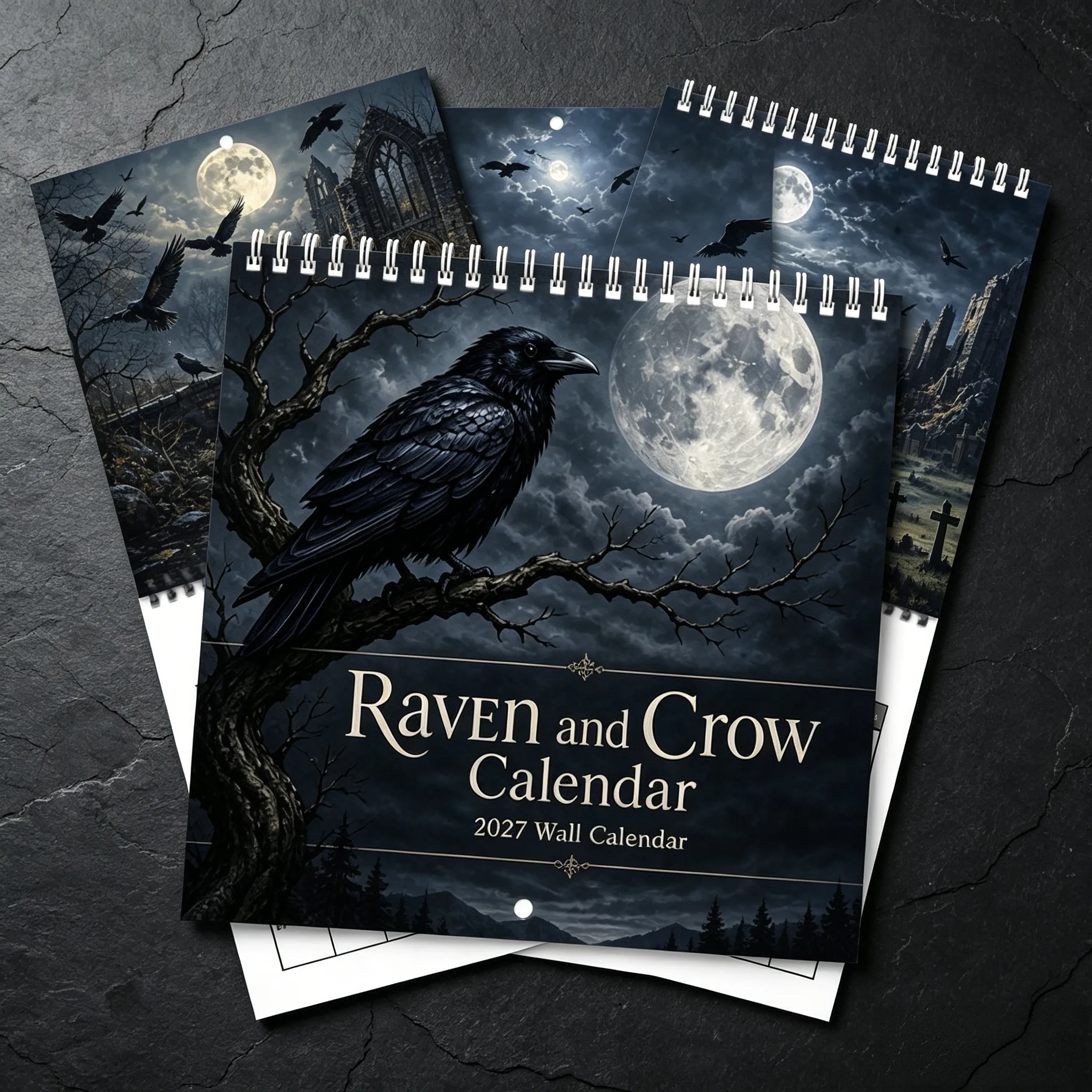 Raven and Crow calendar cover with a selection of moonlit interior artwork