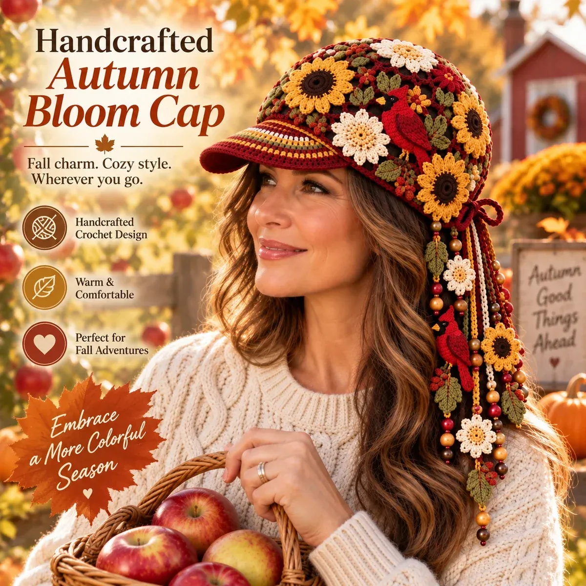 Woman wearing the handcrafted Cardinal Garden Autumn Bloom Cap in a warm fall setting